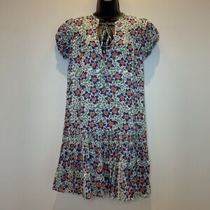 Oliphant Floral‎ Mini Dress Smocked Hem Tie Neck 100% Cotton